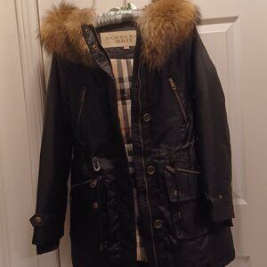 Burberry Brit, Black, Down-Filled Jacket with Fur Trimmed Hood, Medium, NWOT